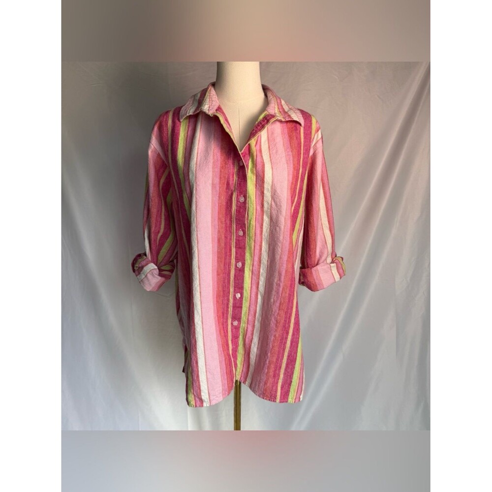 Kim Rogers Striped Linen Blend Roll Tab Sleeve Button Down Shirt Pink Green 1x